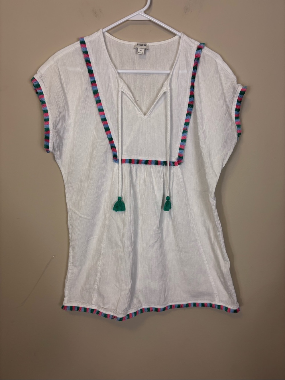 J. Crew White Gauze Tassel Trim V-Neck Top with Multicolor Stripe Small